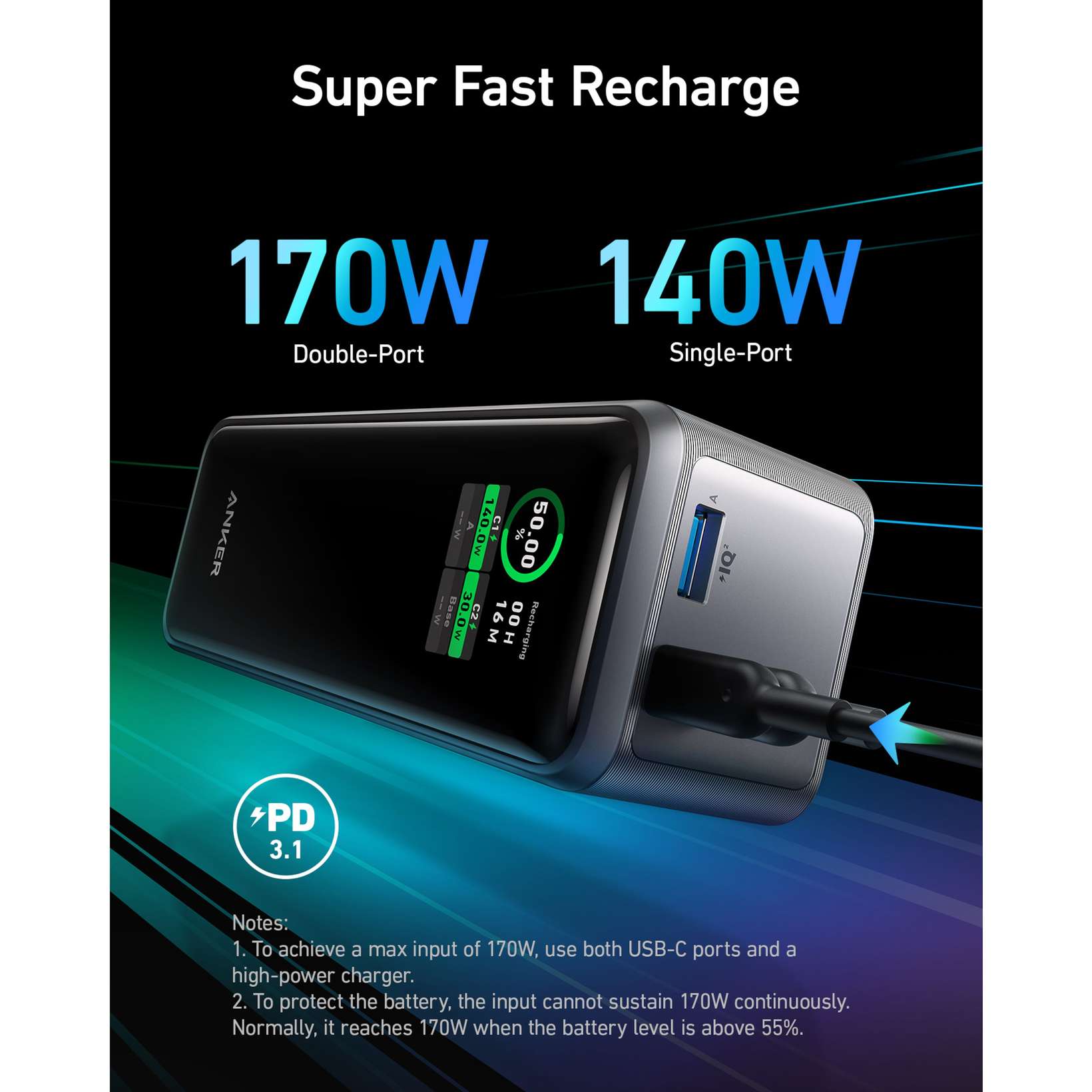 Anker Prime Powerbank 250 W PD 3.1 27650 mAh | Kjell & Company