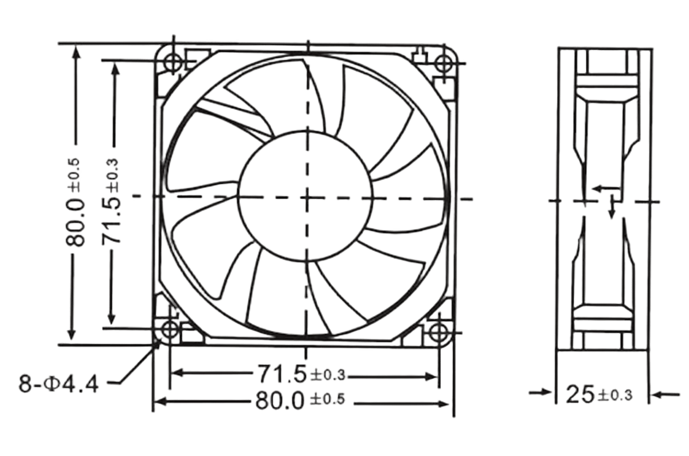 Aksialvifter 12 V 80x80x25 mm