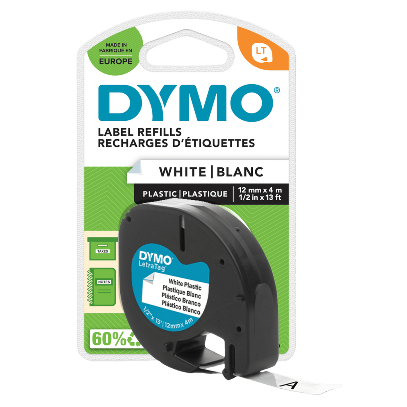 Dymo Letratag Märktejp av plast 12 mm Vit