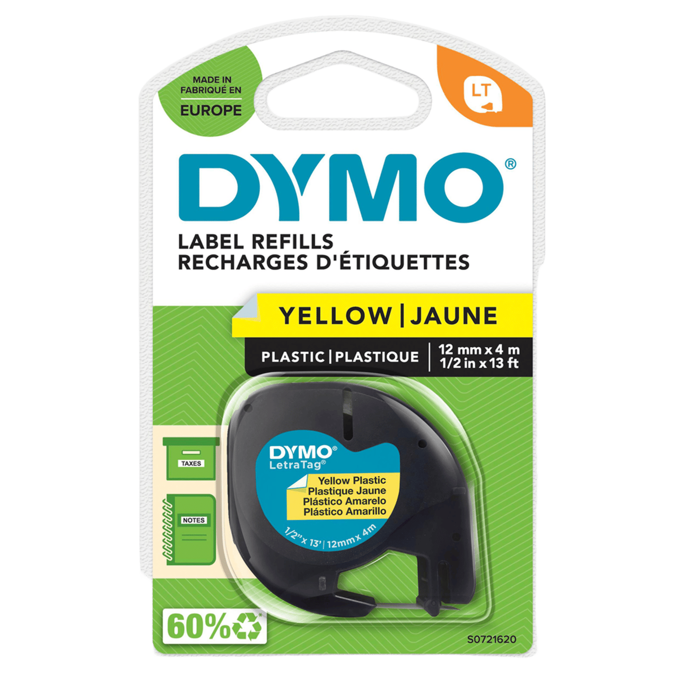 Dymo Letratag Märktejp av plast 12 mm Gul