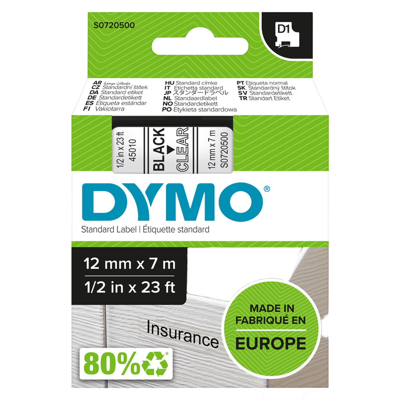 Dymo D1-märktejp 12 mm Klar