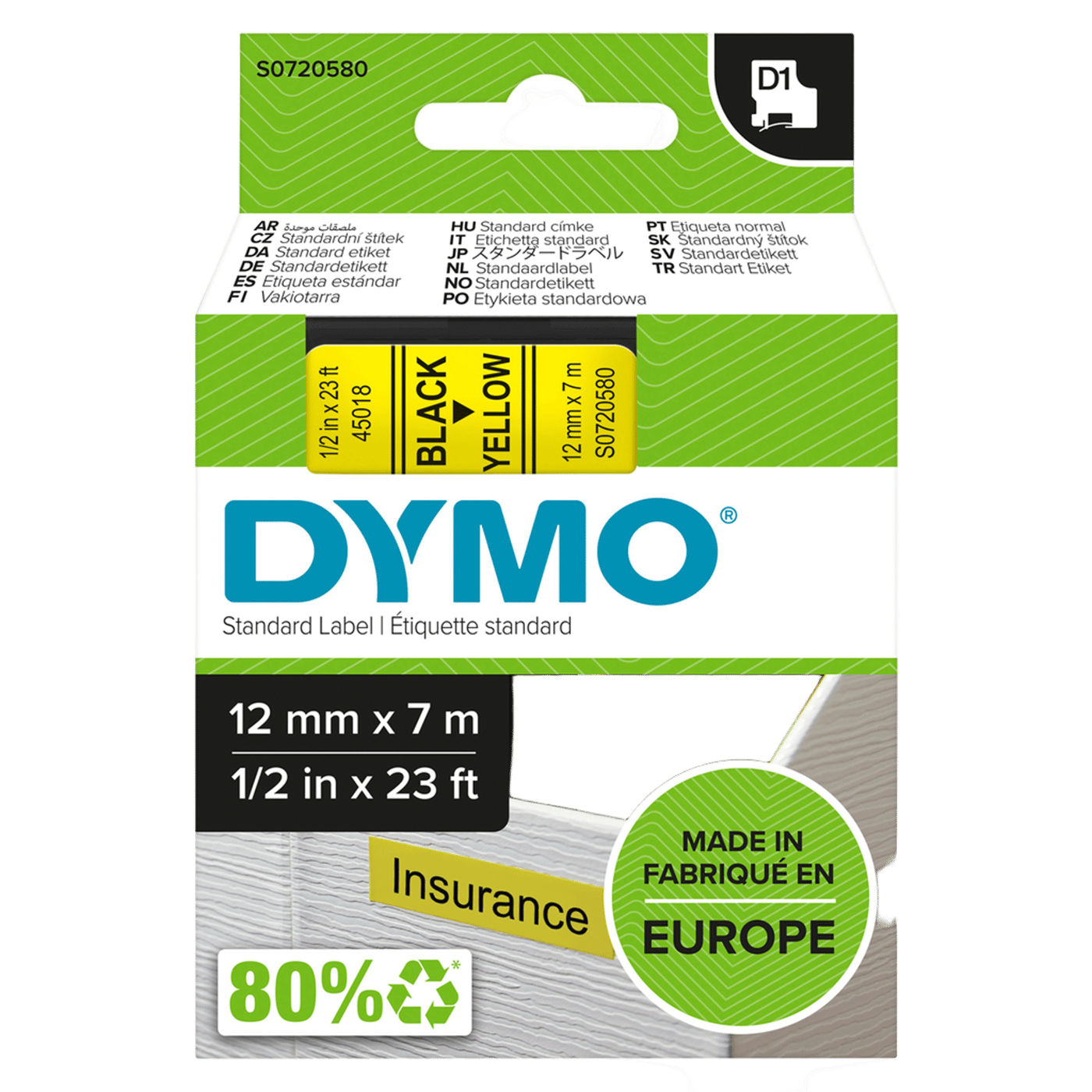 Dymo D1-märktejp 12 mm Gul