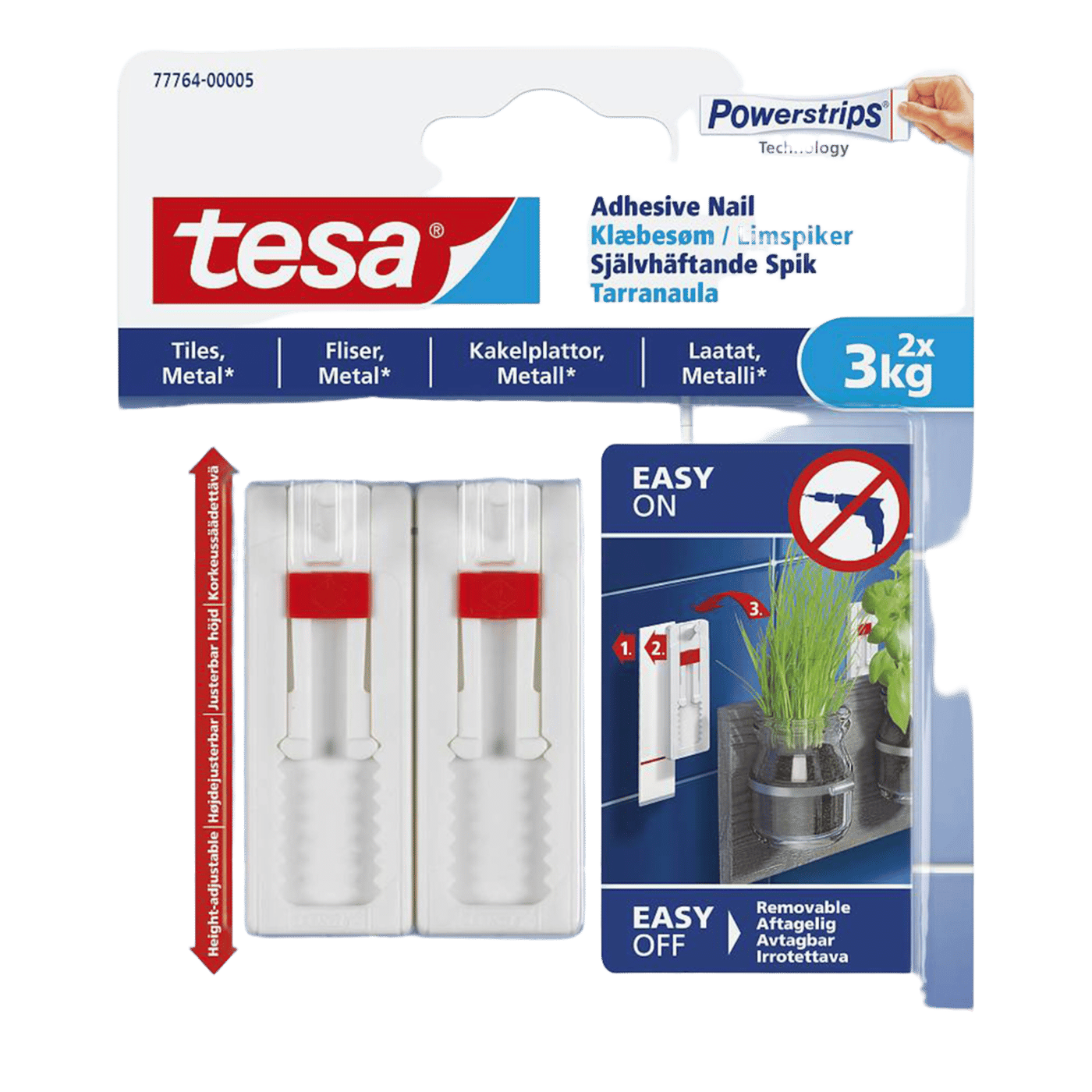 Tesa Justerbar limspiker for kakkel og metall 3 kg 2-pk.