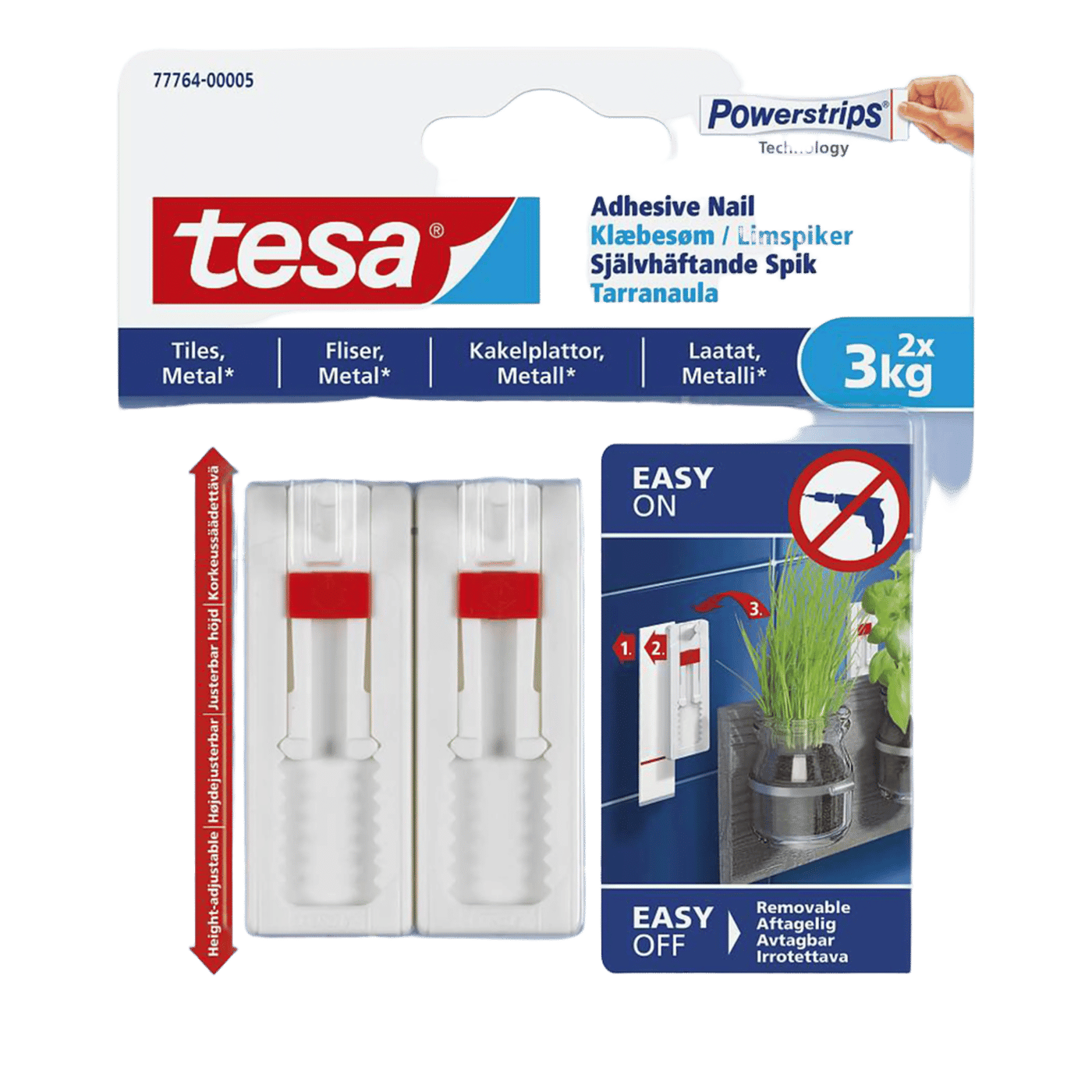 Tesa Justerbar limspiker for kakkel og metall 3 kg 2-pk.