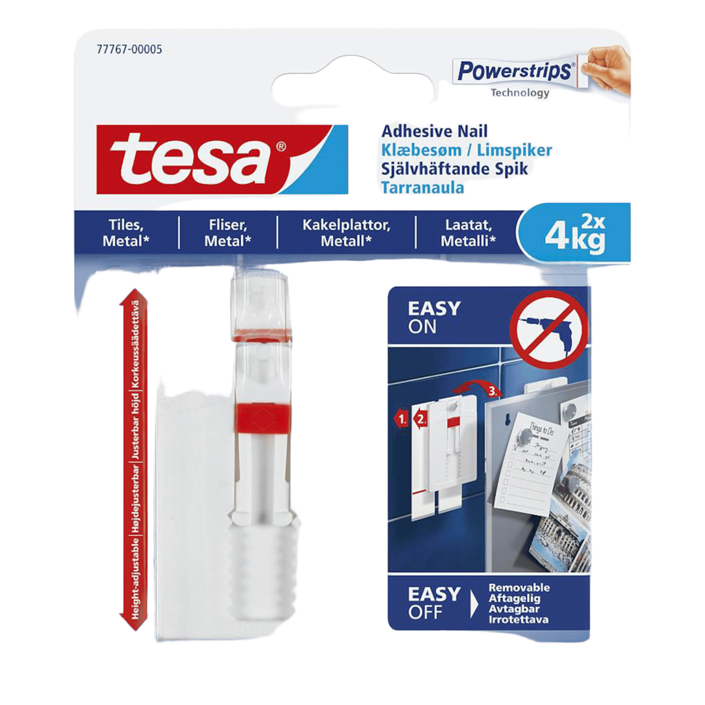 Tesa Justerbar limspiker for kakkel og metall 4 kg 2-pk.