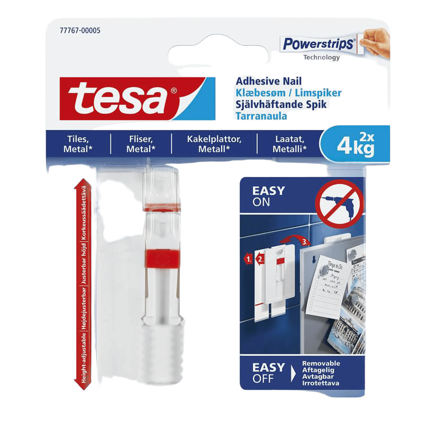 Tesa Justerbar limspiker for kakkel og metall 4 kg 2-pk.