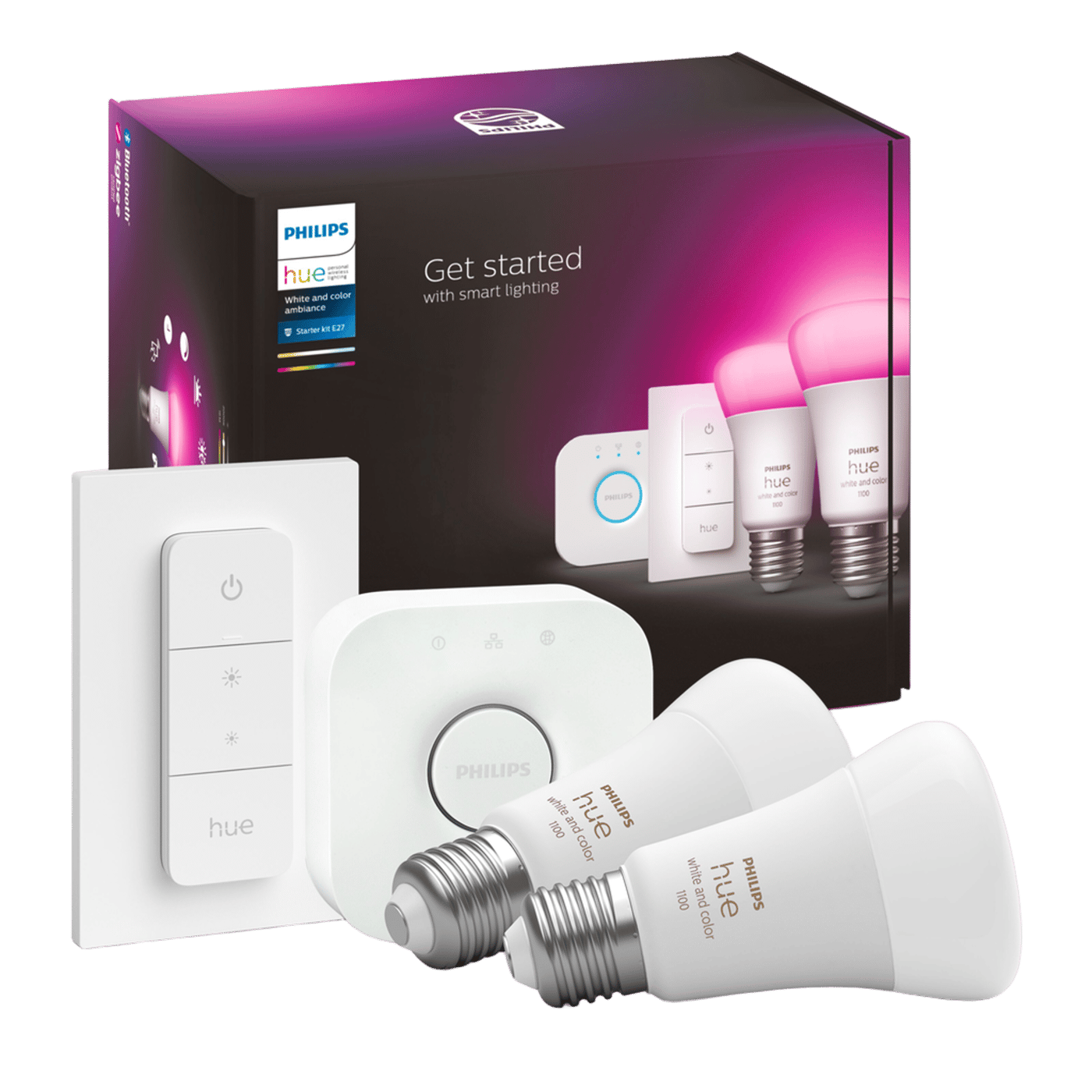 Philips Hue Startpakke: 2x White & Color E27 + Dimmer + Bridge