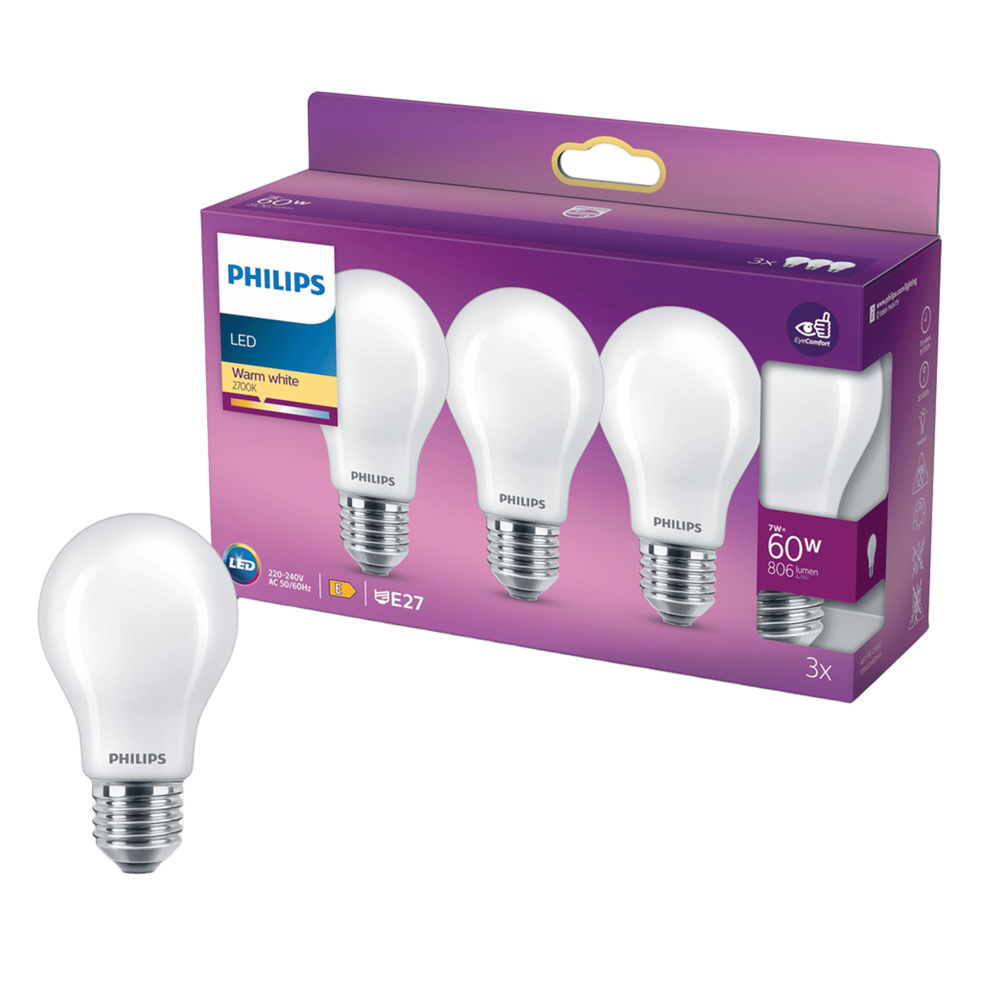 Philips LED-lampa E27 806 lm 3-pack