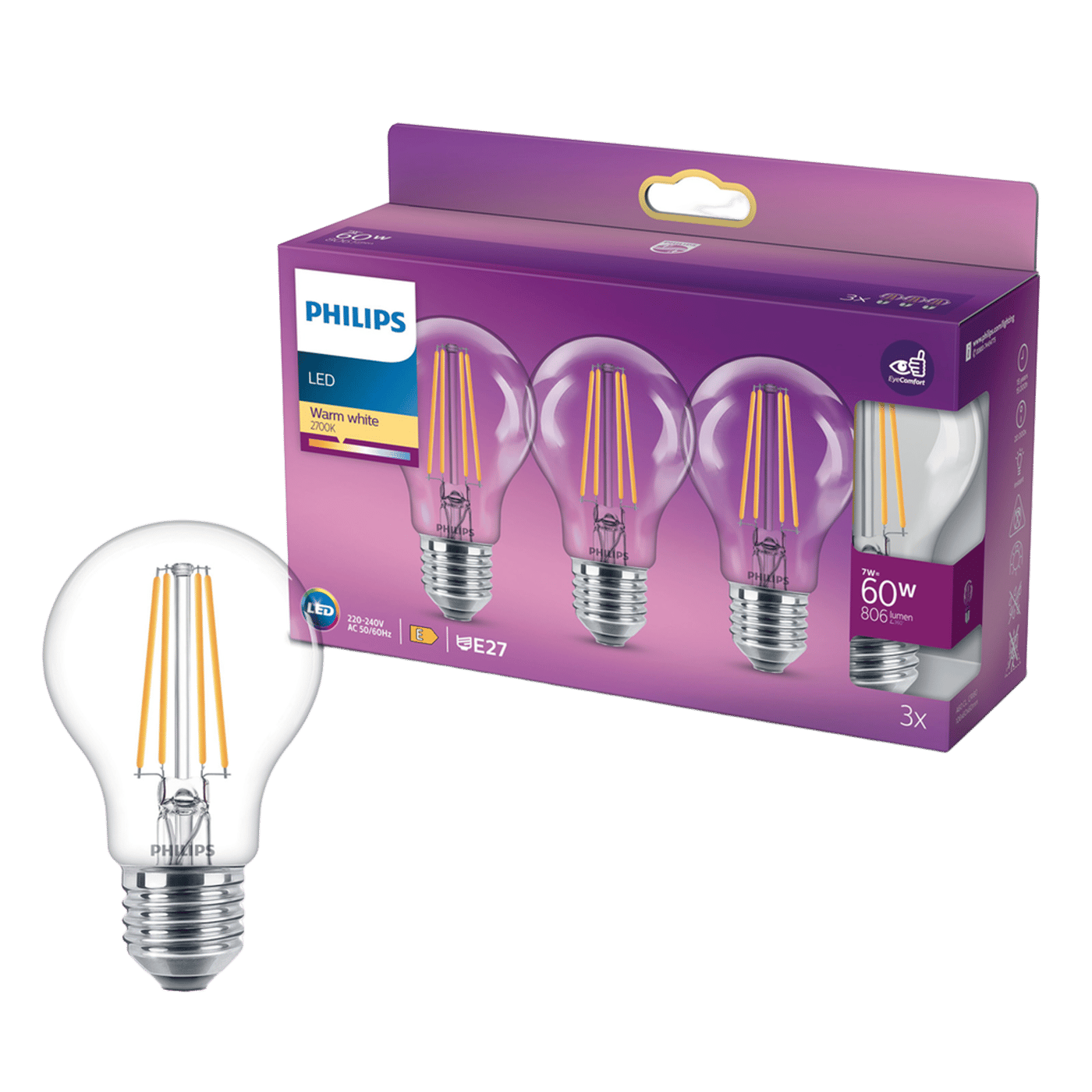 Philips Globlampa LED E27 806 lm 3-pack