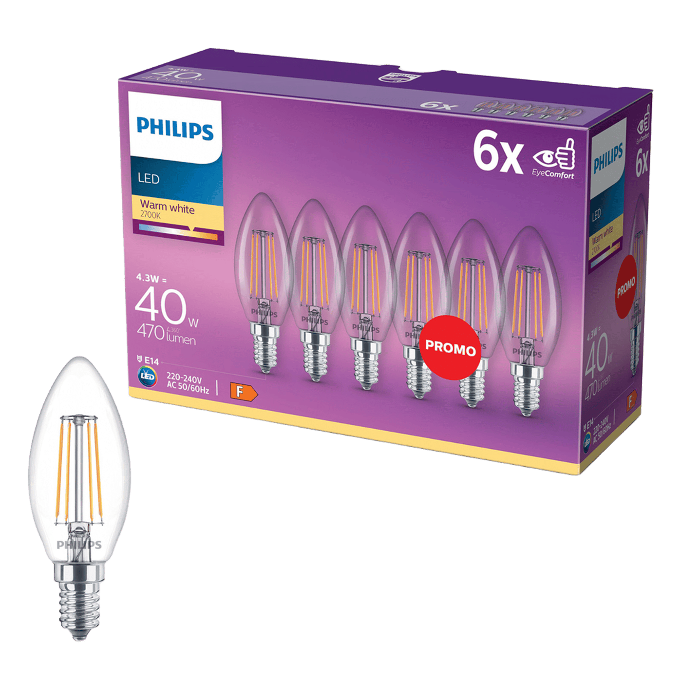 Philips LED-lampa Kron LED E14 470 lm 6-pack