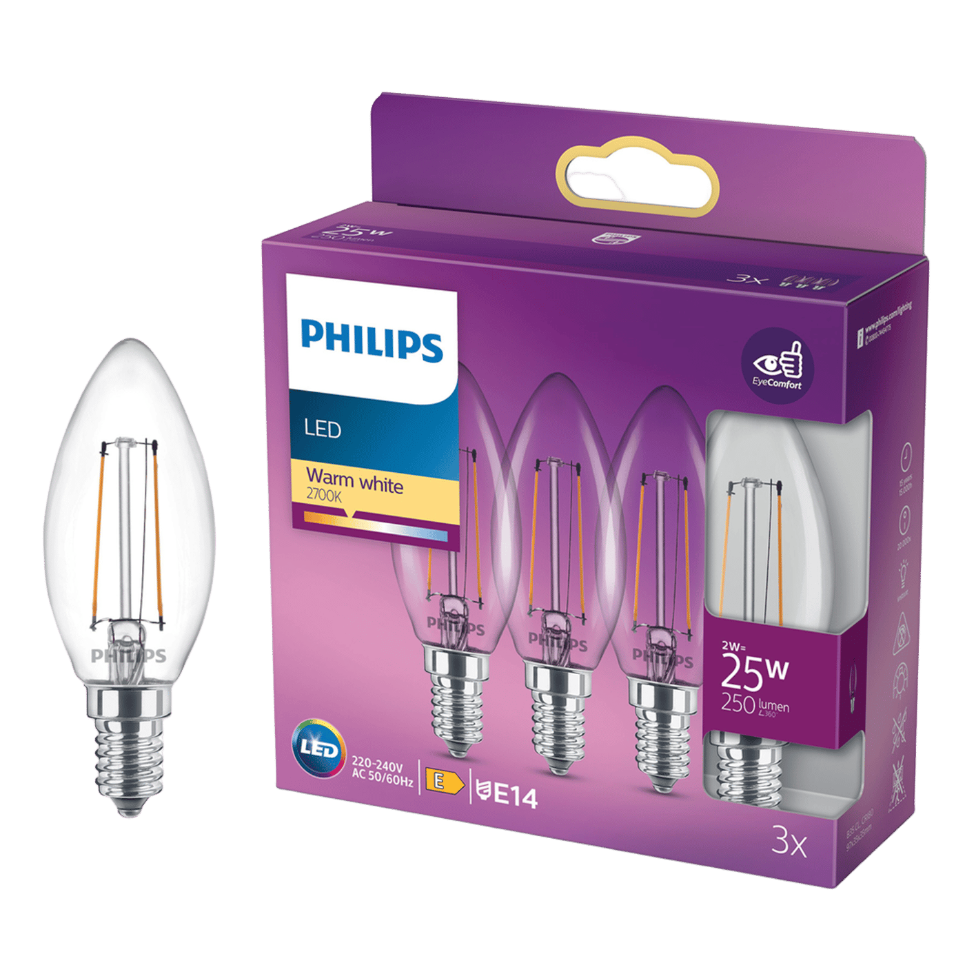 Philips LED-lampa Kron LED E14 250 lm 3-pack