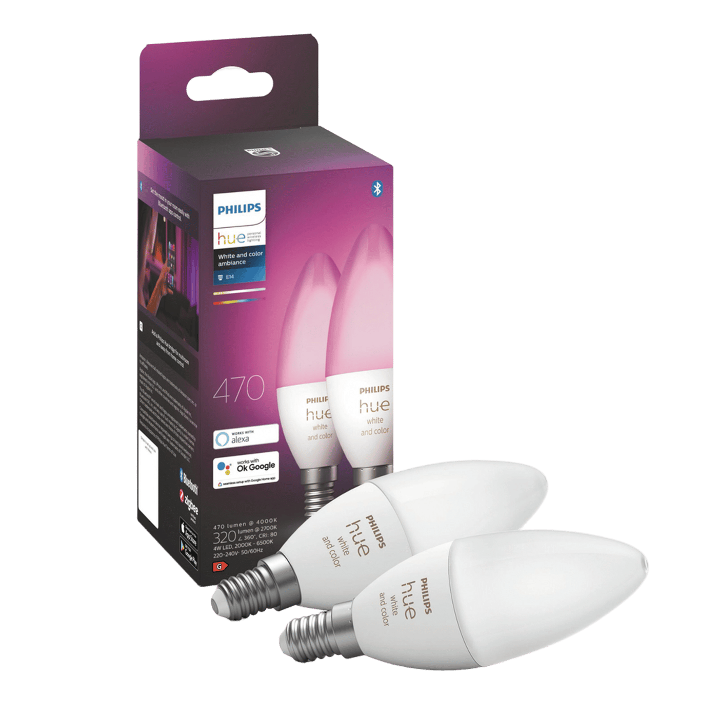 Philips Hue Color Ambiance Smart LED-pære E14 470 lm 2-pk.