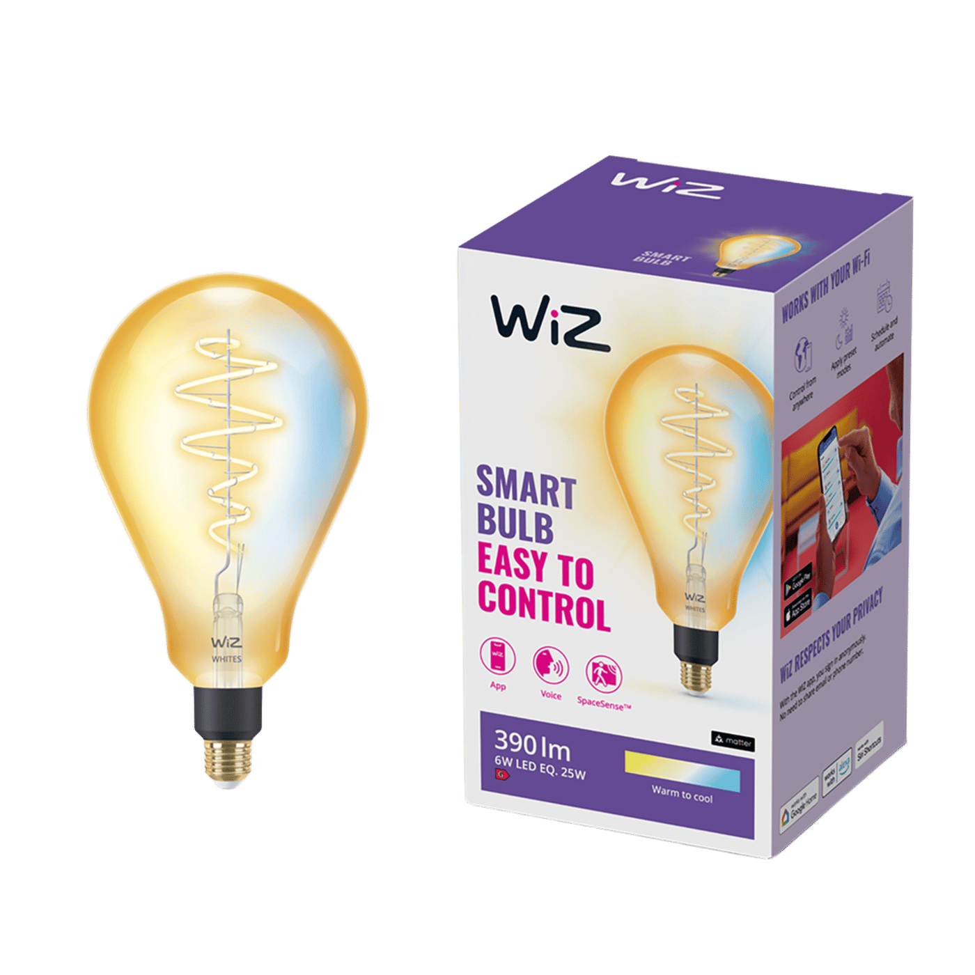 WiZ Amber Filament PS160 Smart LED-lampa E27 390 lm