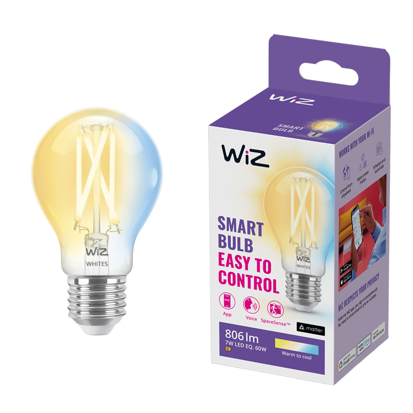 WiZ Clear Filament A60 Smart LED-lampa E27 806 lm