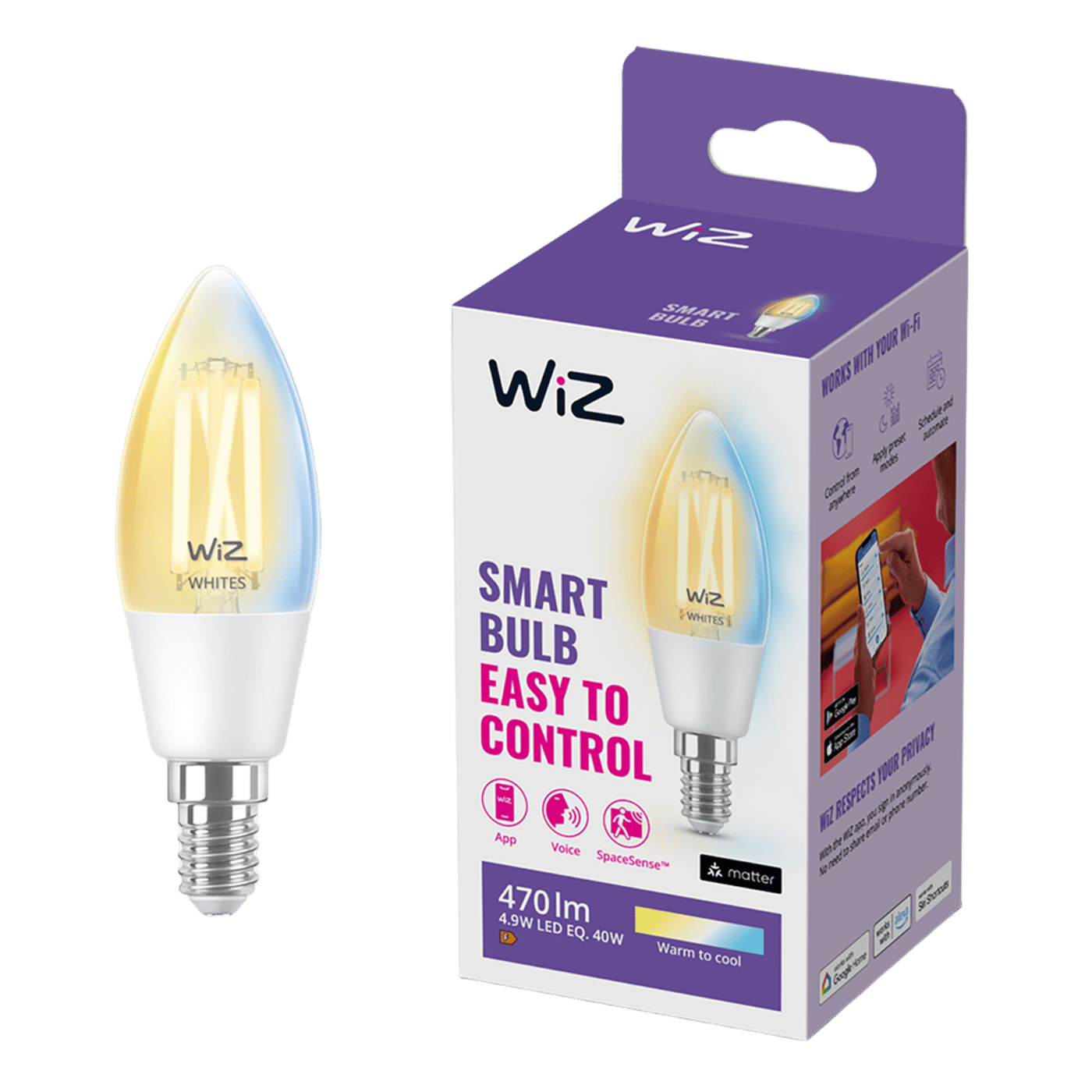 WiZ Clear Filament-kronljus C35 Smart LED-lampa E14 470 lm