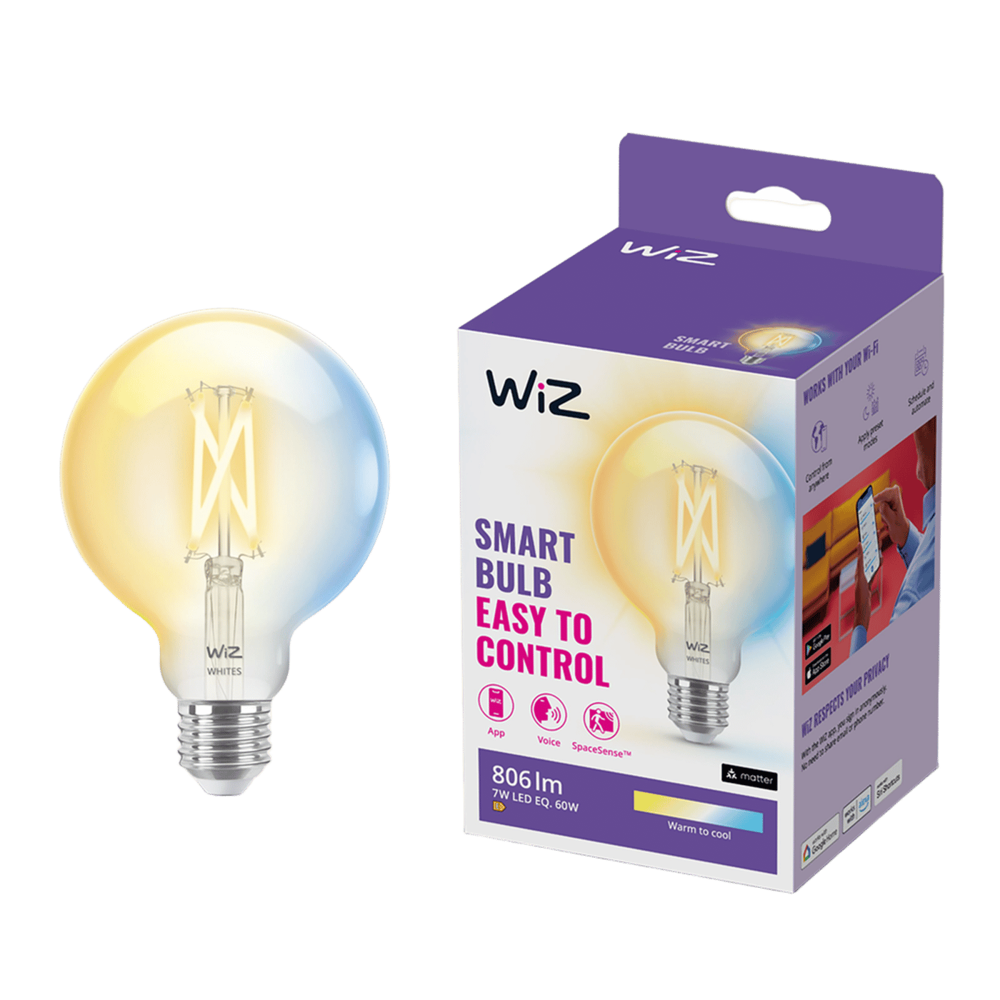 WiZ Clear Filament G95 Smart LED-pære E27 806 lm