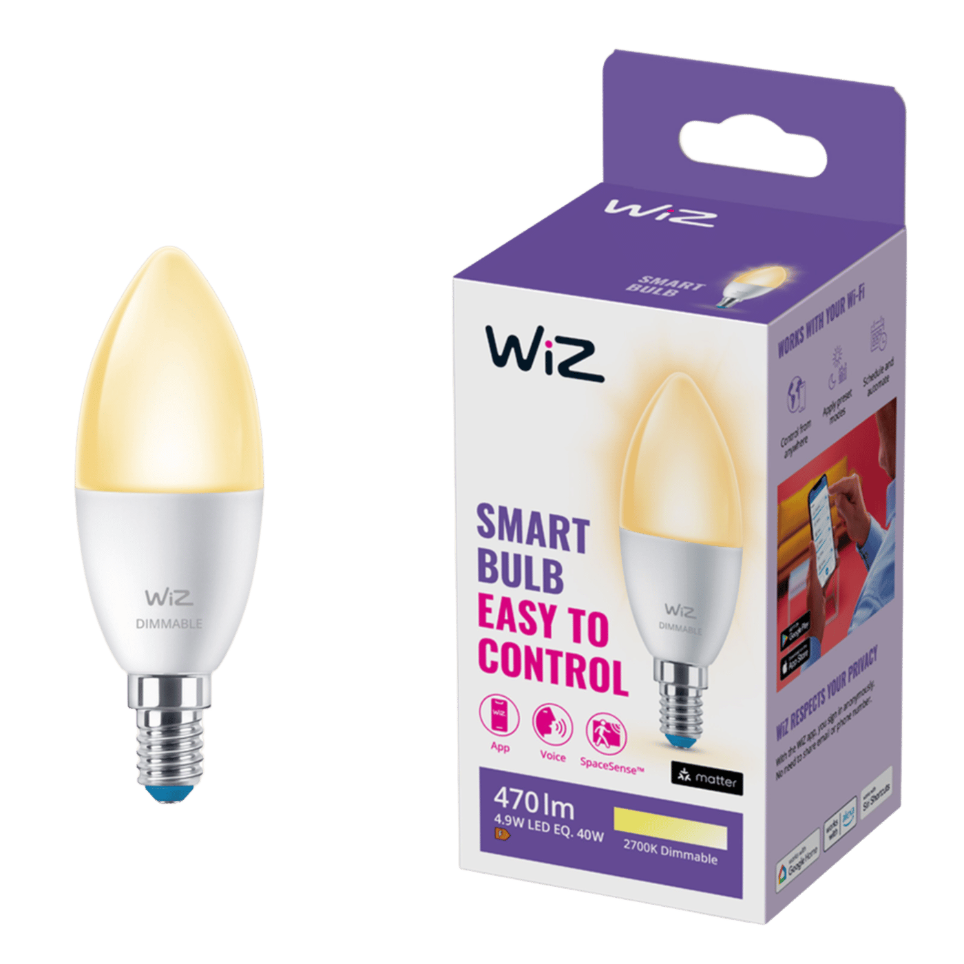 WiZ Varmhvit C37 Smart LED-pære E14 470 lm