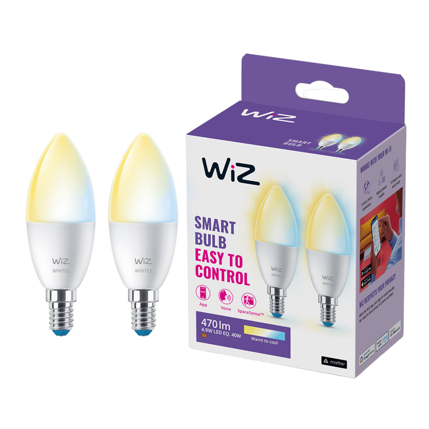 WiZ C37 Smart LED-lampa E14 470 lm 2-pack