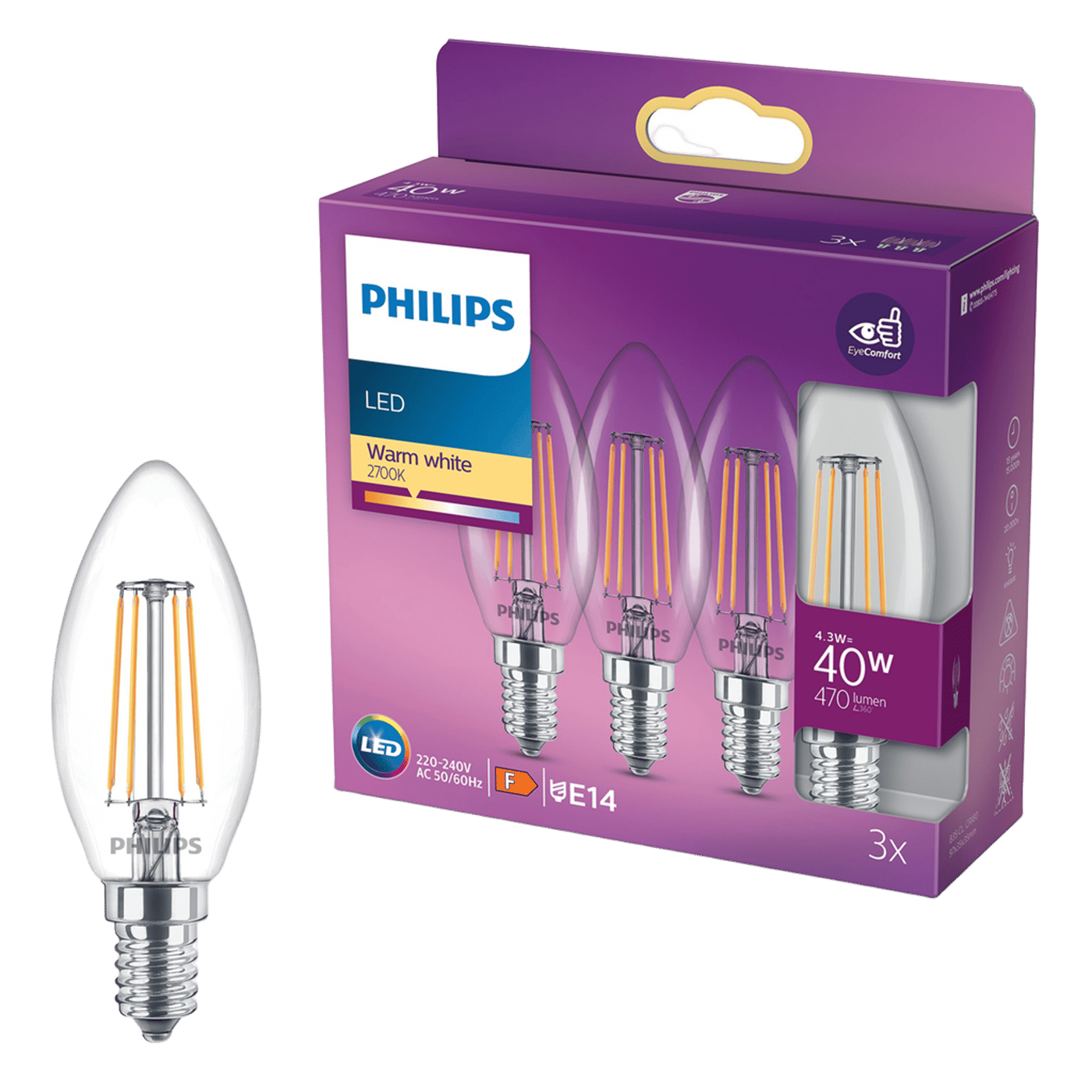 Philips LED-lampa Kron LED E14 470 lm 3-pack