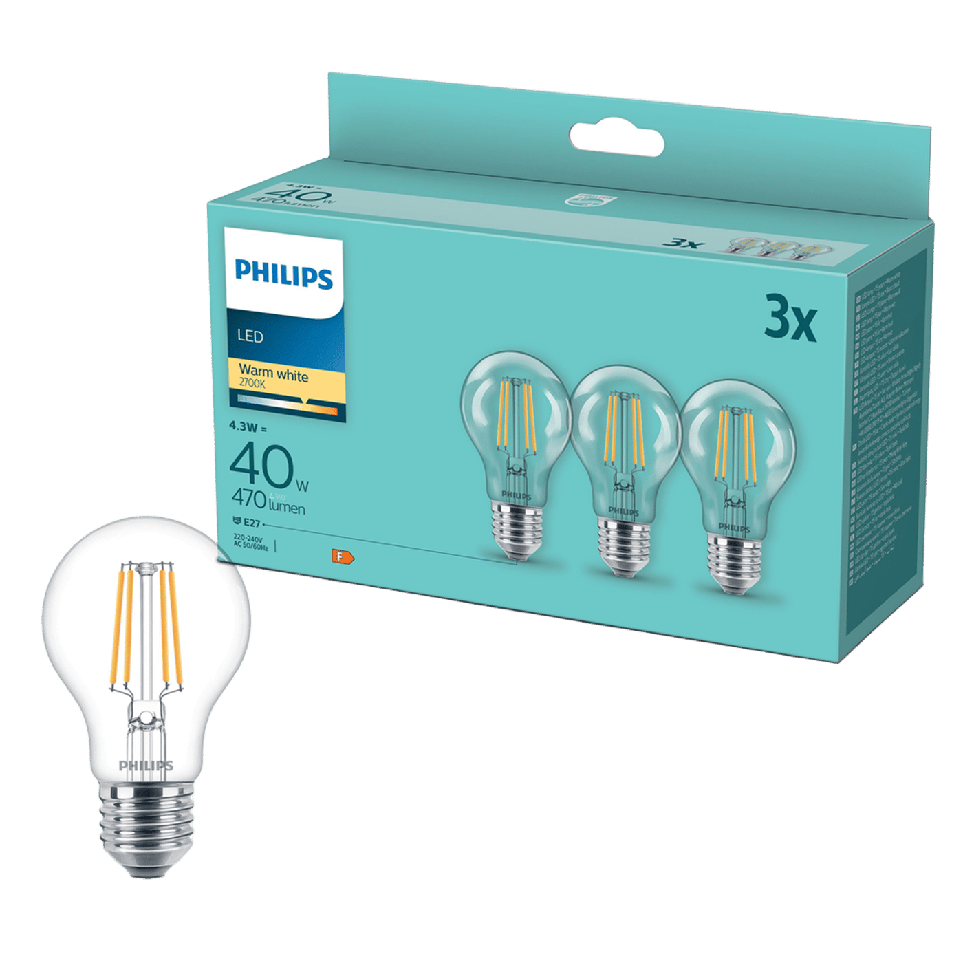 Philips LED-lampa E27 470 lm 3-pack