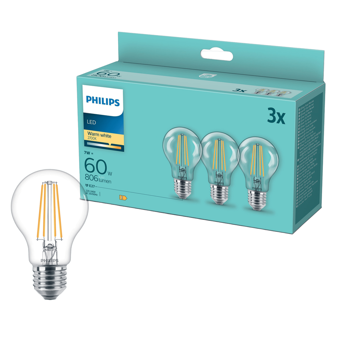 Philips LED-lampa E27 806 lm 3-pack