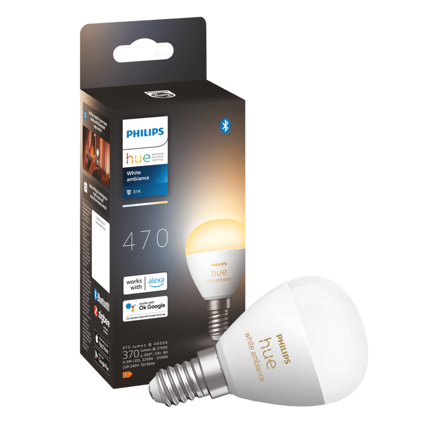 Philips Hue Luster Kuleformet LED-pære White Ambiance E14 470 lm