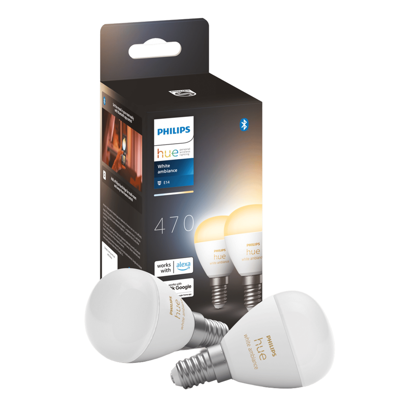 Philips Hue Luster Kuleformet LED-pære White Ambiance E14 470 lm 2-pk.