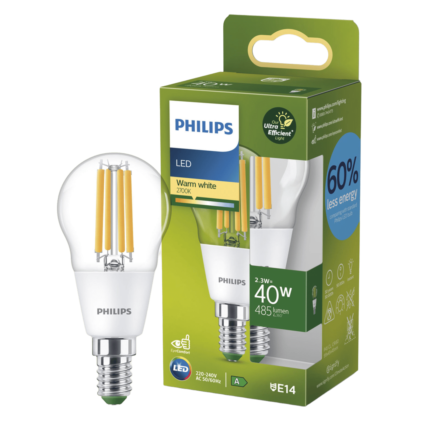 Philips Ultra Efficient E14 LED-klotlampa 485 lm