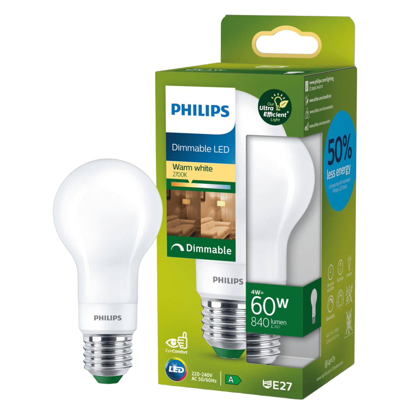Philips Ultra Efficient E27 Dimbar LED-lampa 840 lm