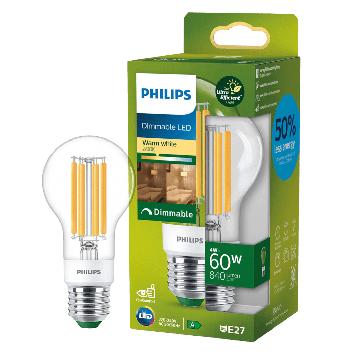 Philips Ultra Efficient E27 Dimbar LED-lampa 840 lm