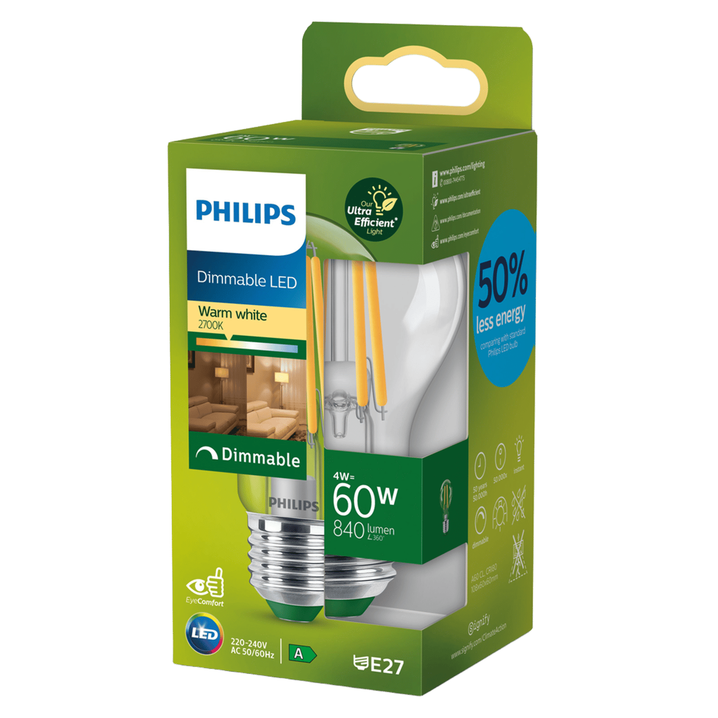 Philips Ultra Efficient E27 dimbar LED-lampa 840 lm