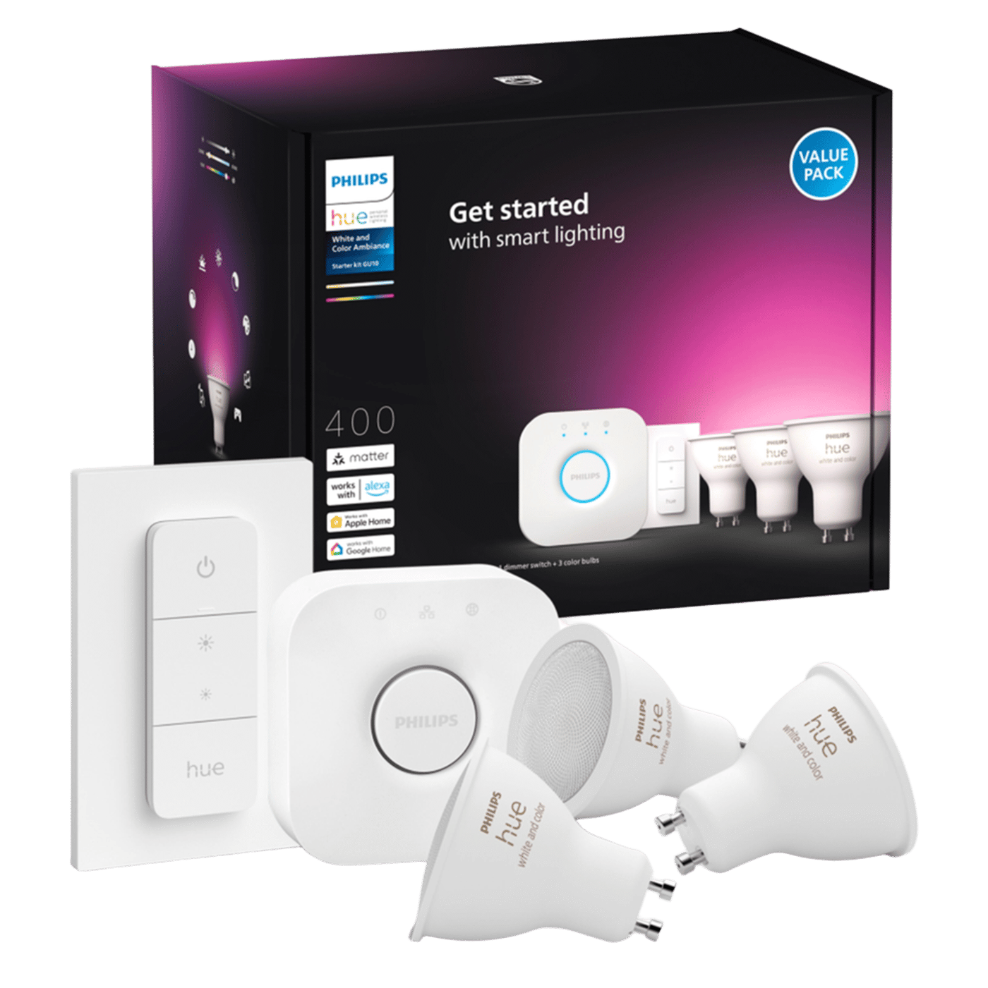 Philips Hue Startpakke: 3x White & Color GU10 + Dimmer + Bridge
