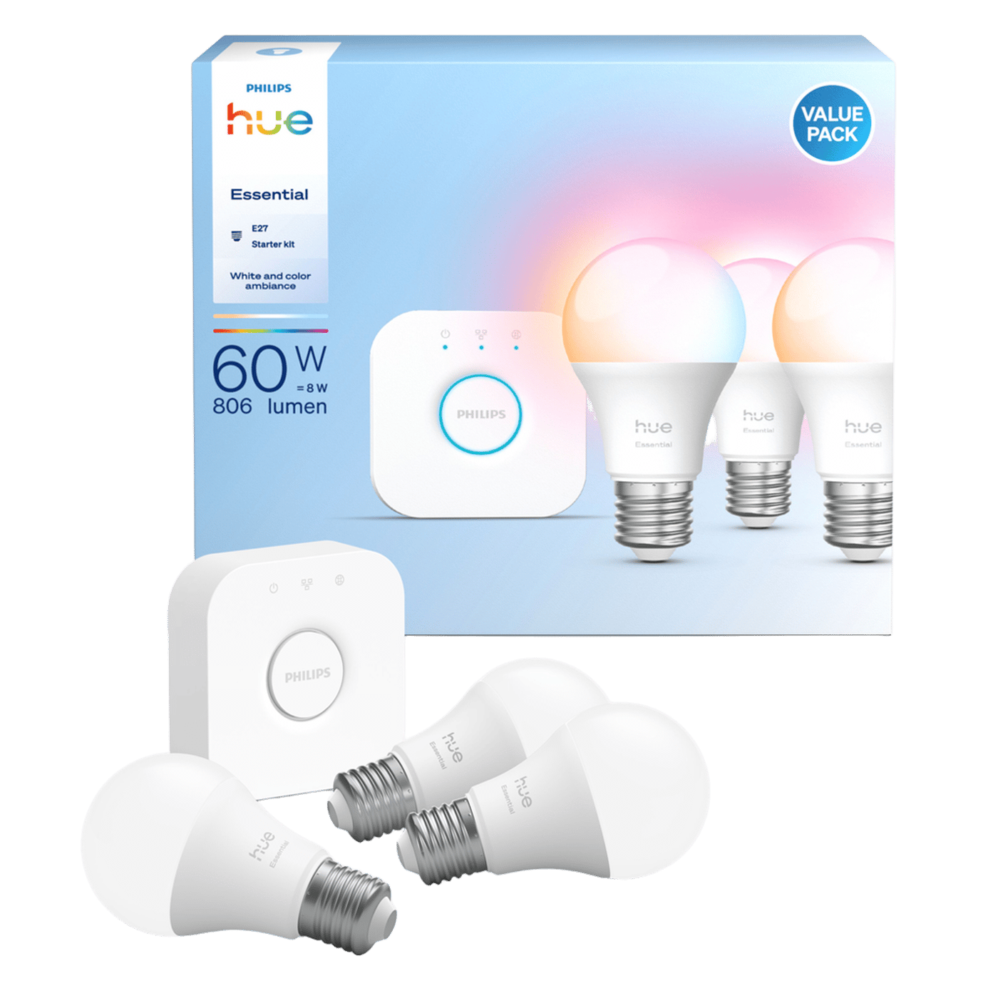 Philips Hue Startpakke Essential: 3x White & Color E27 + Bridge