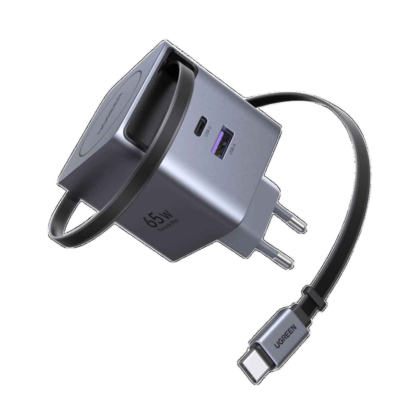 Ugreen Nexode 65 W GaN-snabbladdare med utdragbar USB-C-kabel 65 W