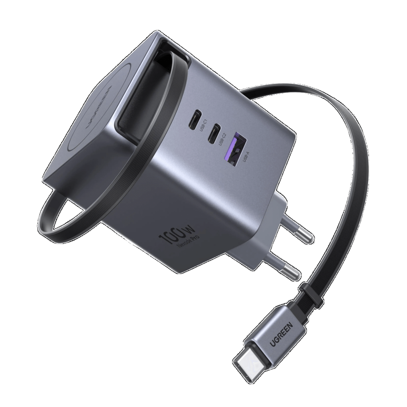 Ugreen Nexode 100 W GaN-hurtiglader med uttrekkbar USB-C-kabel