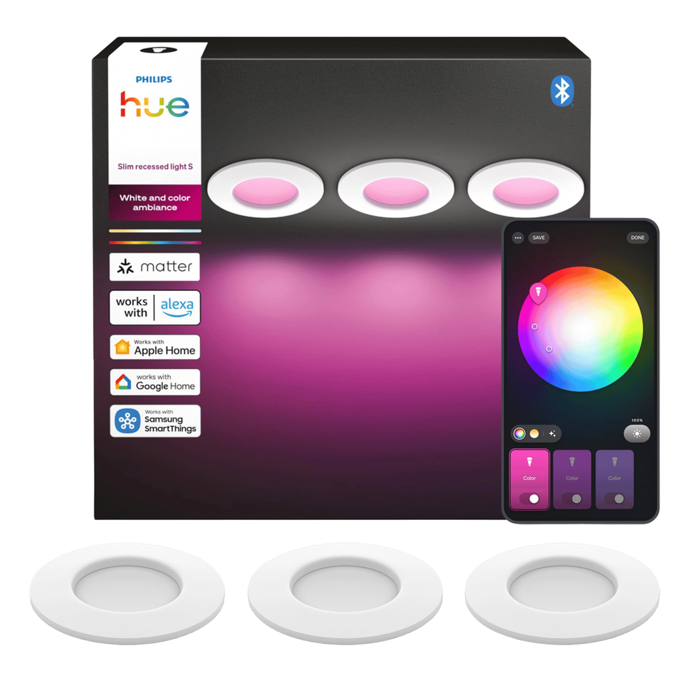 Philips Hue Slim innfelt spotlight 90 mm 3-pk. Hvit