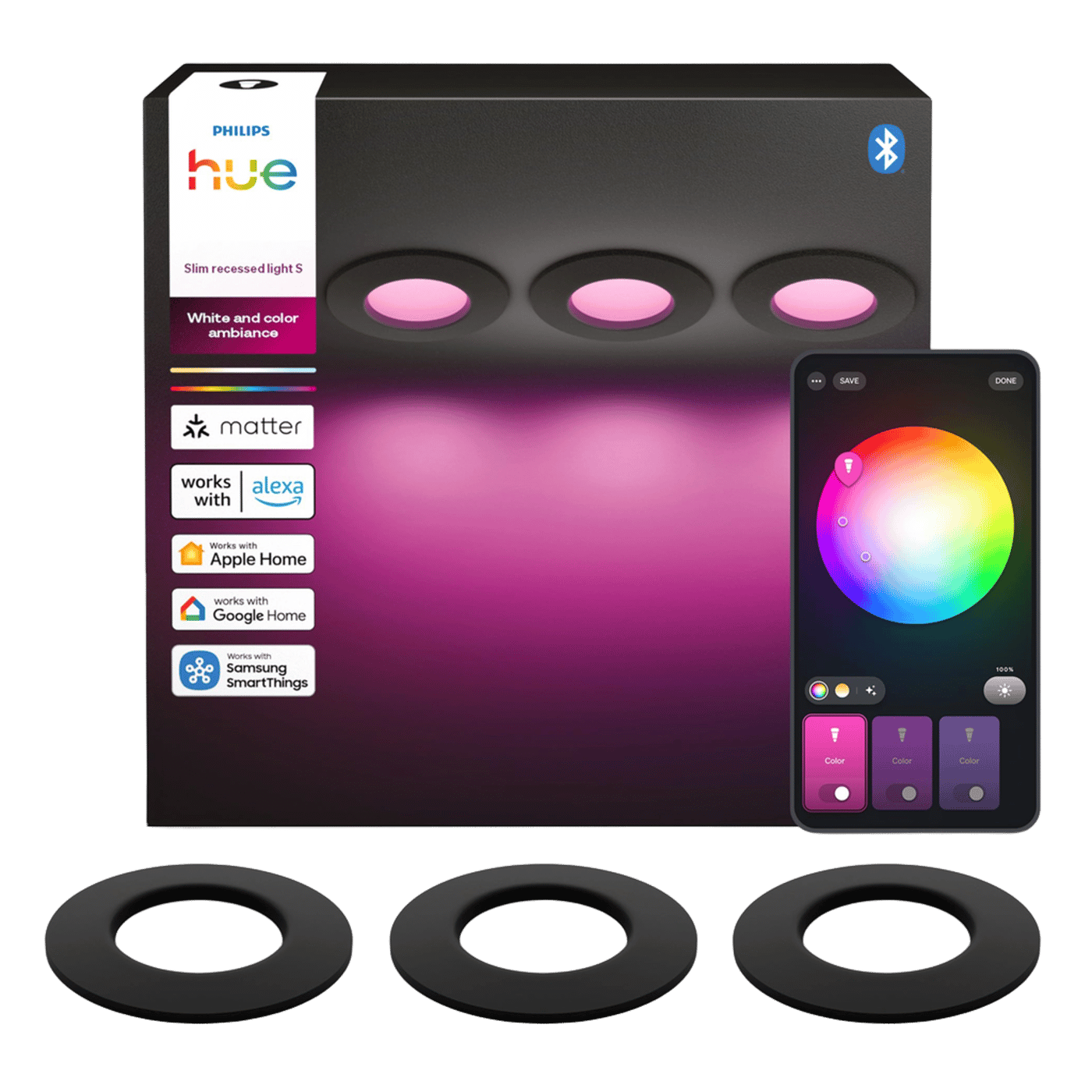 Philips Hue Slim innfelt spotlight 90 mm 3-pk. Svart