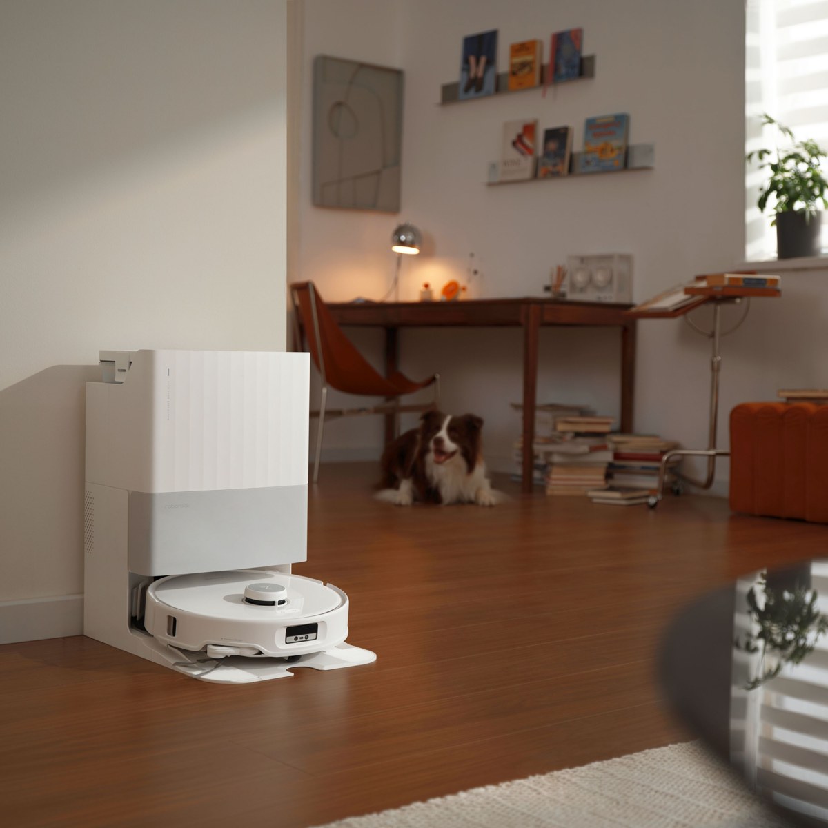 Vit Roborock Qrevo Edge robotdammsugare med basstation i ett vardagsrum.