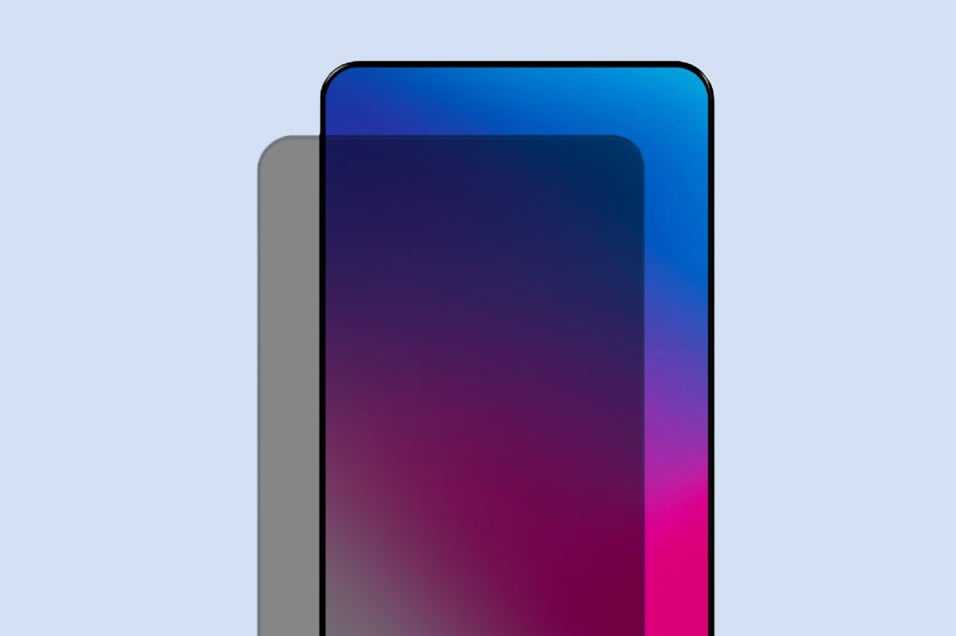 Gjennomsiktig skjermbeskytter foran smarttelefon med blå til rosa fargeovergang.