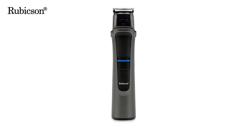 Rubicson Multitrimmer Shave & Trim med 15 tillbehör, uppställd i hållare.