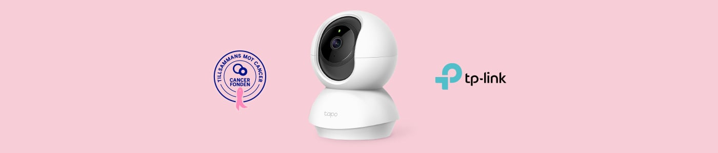 Vit Tapo-övervakningskamera mot rosa bakgrund, med logotyp för TP-Link och Cancerfonden med texten "Tillsammans mot cancer".