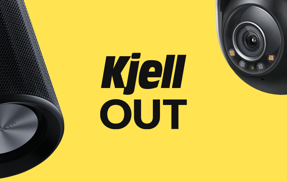 Gul bakgrunn med teksten «Kjell OUT», flankert av svart høyttalergitter til venstre og overvåkingskamera til høyre.