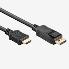 Svart kabel med DisplayPort-hane i ena änden och HDMI-hane i andra, båda med guldpläterade kontakter.