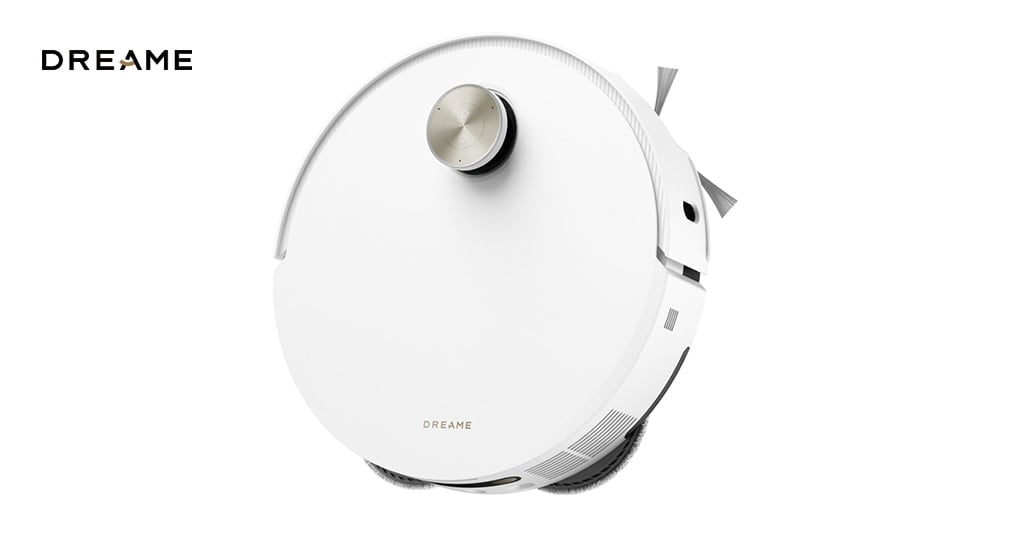 Minimalistisk vit robotdammsugare från Dreame med metallisk sensor och logotyp på ovansidan.