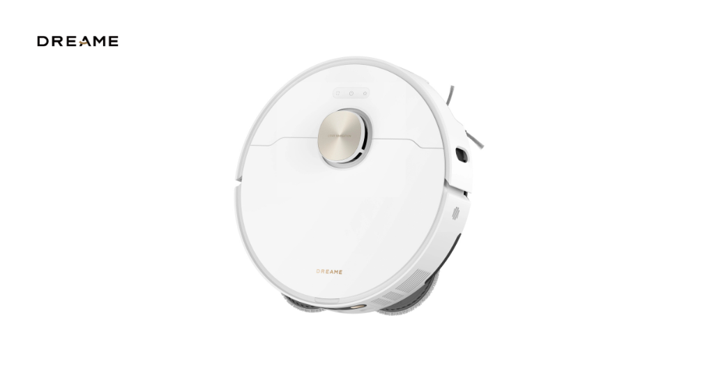 Minimalistisk hvit robotstøvsuger fra Dreame med metallisk sensor og logo på toppen.
