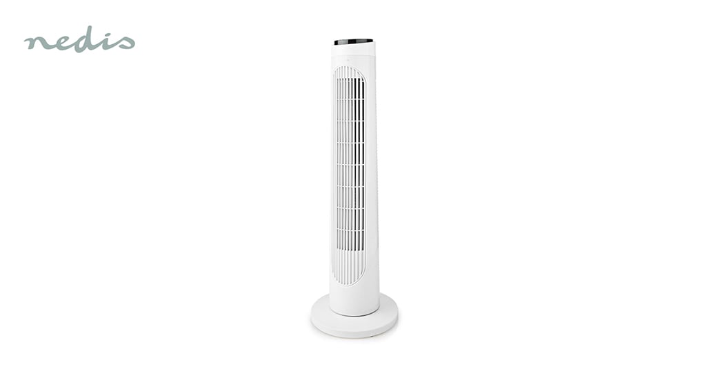 Hvit tårnvifte fra Nedis med vertikalt gitter, rund base og slankt design i minimalistisk stil.