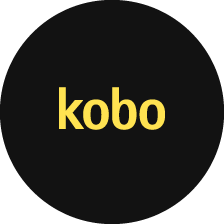 Kobo-logotyp i enkel gul text på svart cirkulär bakgrund.