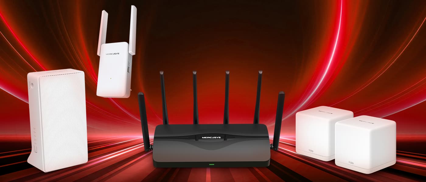 Mercusys nätverksprodukter på röd bakgrund: vit repeater, svart router med sex antenner och vita mesh-enheter.
