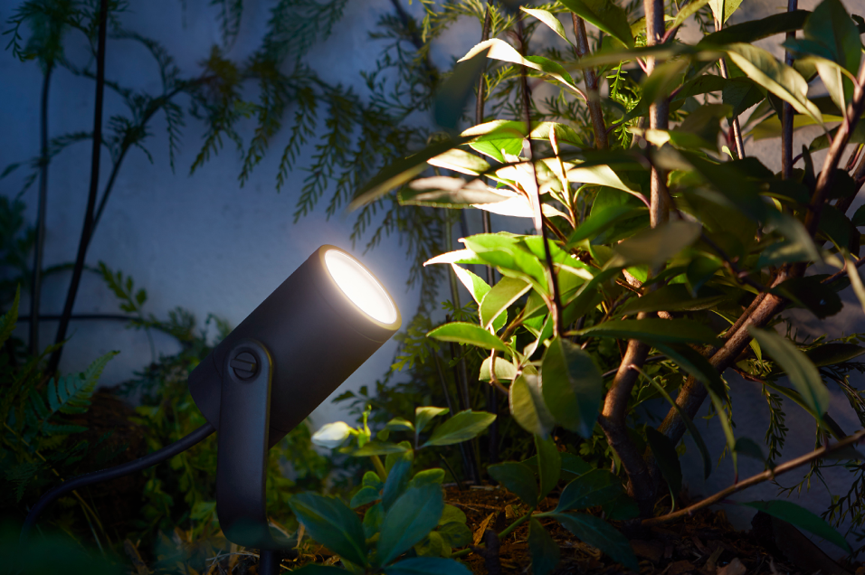 En Philips Hue utomhusspotlight lyser upp gröna växter i en trädgård kvällstid med varmt vitt ljus.