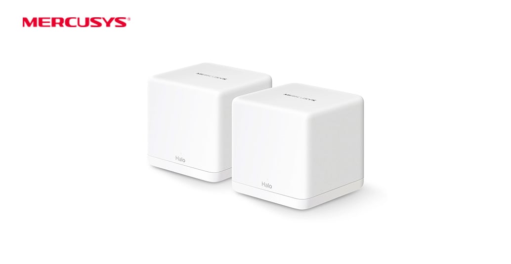 Mercusys Halo H60X mesh-system 2-pack, små vita kubformade enheter.